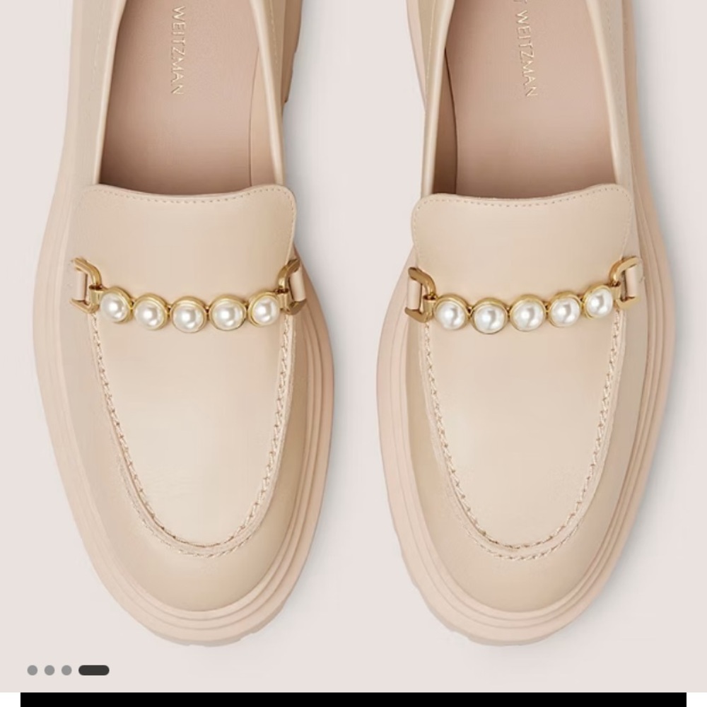 Stuart Weitzman Beige Loafers with Pearl and Gold Detail